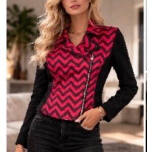 CHICO’S Red and Black Chevron Pattern Renaissance Moto Jacket Size 12 NWOT